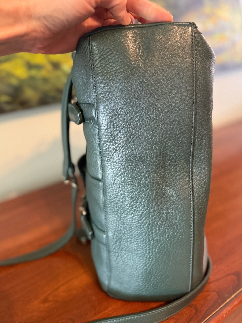 Cole Haan Pebbled Leather Satchel Crossbody Bag Forest Green Double Pocket EUC - Picture 5 of 9